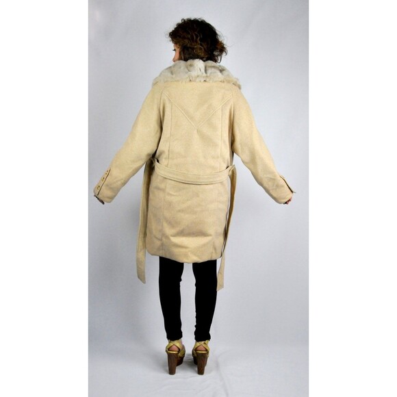 Faux Fur 60s Coat - Brown Jacket Large COLLAR Trench Coat - Belted Pockets S - M - Picture 3 of 5